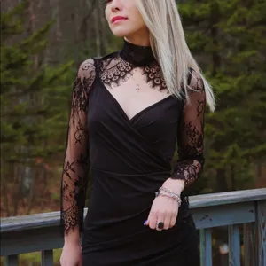 Women's Black Mock Neck Long Lace Sleeve Cocktail Mini Dress Size Medium thumbnail 2