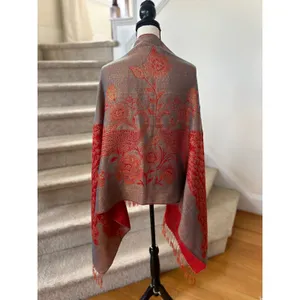 Pashmina Silk Cashmere Red Blue Metallic Gold Peacock Wrap Scarf Boho Western thumbnail 3