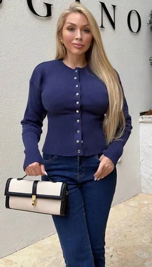 Navy Button-Front Ribbed Cardigan thumbnail 1