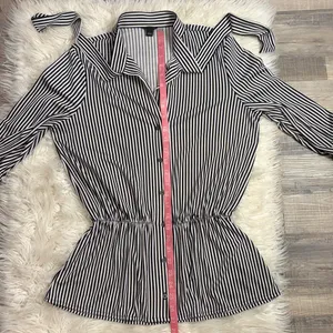 Ann Taylor striped stretch button front top blouse tie neck blouson sleeves S thumbnail 8