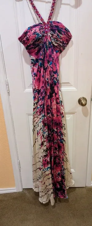 La Femme Multicolor Floral Rhinestone Embellished Halter Evening Gown EUC Sz 0 thumbnail 1