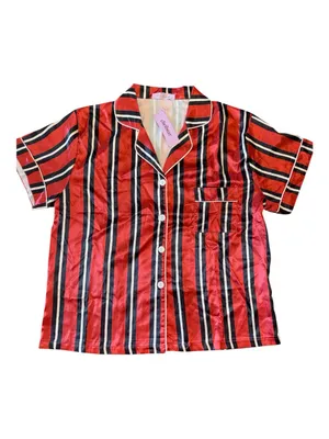 Women’s Orange Striped Satin Pajama Set - Classic Short Sleeve & Pants thumbnail 2