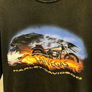Harley Davidson Vintage Y2K Black Las Vegas Eagle Graphic Flame Biker Tee 2XL thumbnail 2