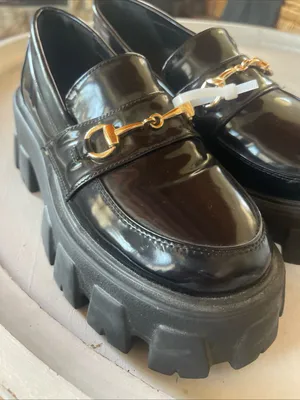 Princess Polly Black Patent Lug-Sole Loafers with Gold Bit thumbnail 3