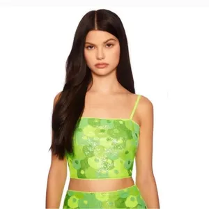 Susana Monaco -1608 NWT Women's Sequin Crop Top Bright Lime Green XS‎ thumbnail 2