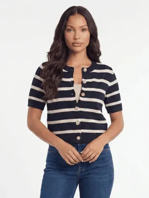 Striped Navy and White Short-Sleeve Knit Cardigan Size Large NEW thumbnail 4