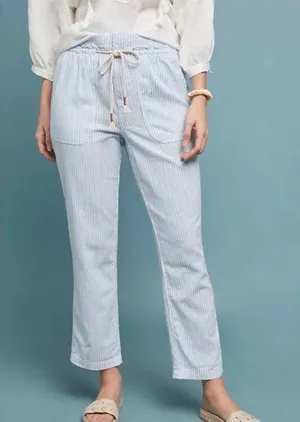 Anthropologie Seashore Linen Blend Pants Women S Blue Striped Rope Belt Crop thumbnail 1