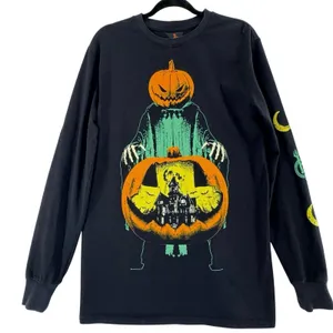 Halloween Black Graphic Sweatshirt Pumpkin Skeleton Haunted House Bats thumbnail 1