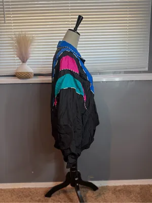 Black Bomber Jacket with Blue, Teal & Pink Panels thumbnail 6