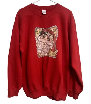 Gildan Y2K Red Santa Claus Christmas‎ Holiday Crewneck Grandma Sweater Size L thumbnail 1