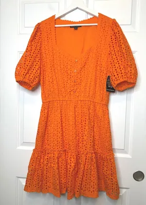 Boston Proper NWT Eyelet‎ Mini Dress Large Orange New Puff Sleeve Tiered thumbnail 1