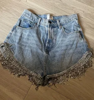 Twelve by Twelve Light Blue Denim Shorts with Silver Beaded Fringe thumbnail 1