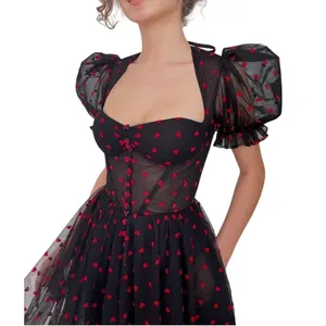 Heart Print Tulle Corset‎ Midi Dress Small Black Red Goth Coquette Prom Formal thumbnail 2