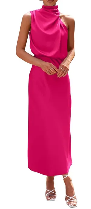 PRETTYGARDEN Women's 2026 Summer Satin Dress Elegant Sleeveless Mock Neck Cocktail Party Maxi Dresses thumbnail 1