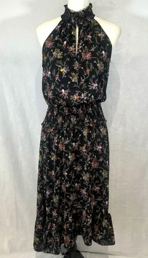 Express high mock neck smocked black ditsy floral midi dress size medium thumbnail 4