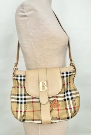 Burberry Nova Beige Plaid Leather-Trim Shoulder Bag “B” embellishment thumbnail 1