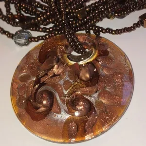 Vintage Multi Strand Brown Seed Bead Necklace With Brown & Gold Glass Pendant thumbnail 3