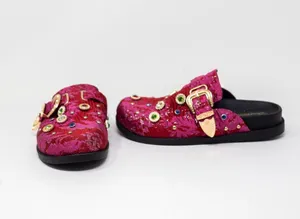 NEW Azalea Wang Quinby Red Brocade Rhinestone Crystal Jewel Clog Flats Shoes 7 thumbnail 1