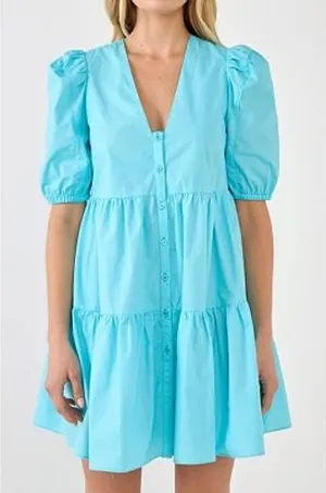 English Factory NWT V-Neck Button Down Babydoll Dress Puff Sleeve Blue Sz Medium thumbnail 1