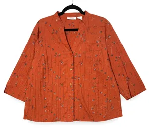 Dressbarn 3X Orange Floral Embroidered Button Up‎ Blouse V-Neck Boho Pintuck thumbnail 1