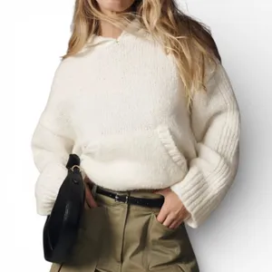 PILCRO Anthropologie‎ Cream Chunky Knit Oversized Hoodie Sweater Women Large thumbnail 3