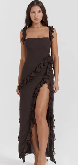 Ariela Ruffle Side Slit Gown in Coffee thumbnail 3