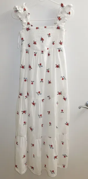 Nobody’s Child White Floral Embroidered Smocked Tiered Maxi Dress Size 2 thumbnail 1