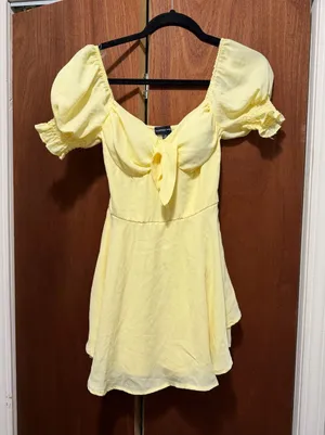 Light Yellow Puff-Sleeve Tie-Front Mini Dress thumbnail 1