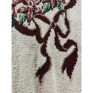 Vntg Talbots Christmas Holly Poinsettia Sweater Womens XL Bow Ivory Knit By Hand thumbnail 2