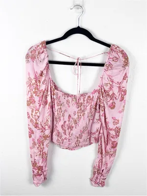 FREE PEOPLE Hilary Pink Floral Tie Closures Ruched Front Puff Sleeves Top Small thumbnail 2