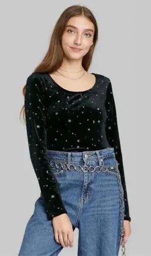 Womens Wild Fable Metallic Celestial Moon & Stars Open Back Bodysuit - Sz XS thumbnail 1