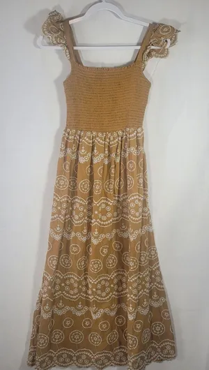 Rebellion Rebellious One Boho Embroidered Cotton Smocked Maxi Dress Mustard Yellow Jr M thumbnail 1