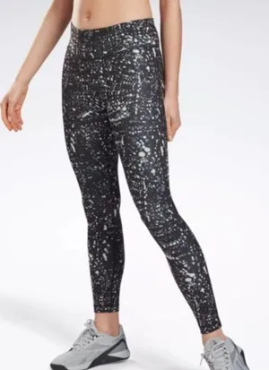 Reebok Speedwick Splatter Print Leggings Women’s SZ Large Black Gray 26” inseam thumbnail 1