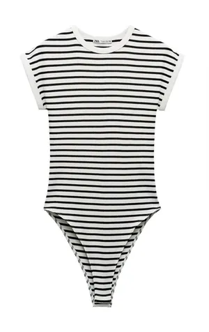 Zara Striped White and Black Short Sleeve Bodysuit thumbnail 1