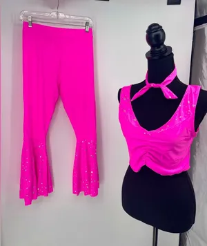 Hot Pink Outfit Set Crop Top‎ Bell Bottoms Star Accents Party Costume thumbnail 1