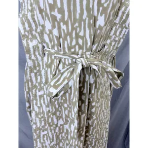 MIRTH‎ Olive Block Print Cotton Midi Dress Kantha Stitch Integrated Belt L thumbnail 5