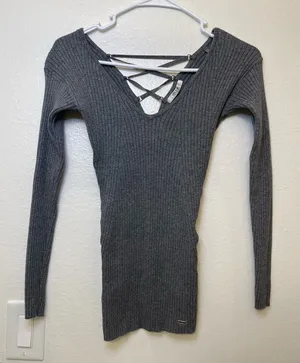 Guess Women’s Gray Ribbed V-Neck‎ Long Sleeve Open Back Top Size M thumbnail 1