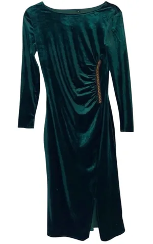 Olddnew Emerald Green Velvet Bodycon Midi Dress Medium 3/4 Sleeve Slit NWT‎ thumbnail 1