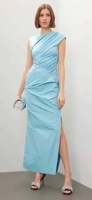 Paris Georgia Kaya Light Blue Ruched Sleeveless Maxi Dress Size S thumbnail 1