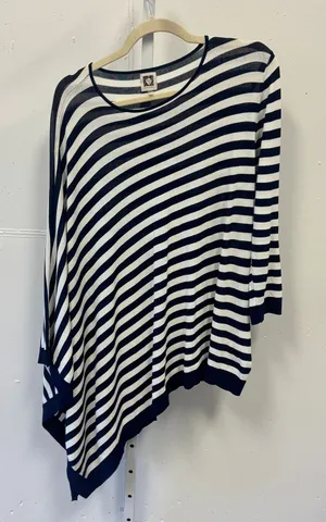 Anne Klein Navy White Striped Asymmetrical Hem Knit Sweater Top Large Coastal thumbnail 1