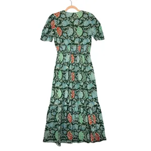 Lukap Paris Floral Cotton Maxi Dress Green Blue Smocked Puff Sleeve S/M Boho‎ thumbnail 6