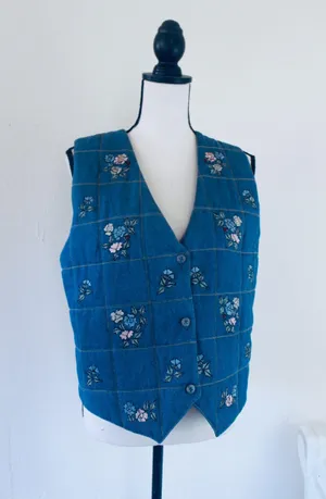 Vintage 90s Agapo Petite Denim Quilted Embroidered Floral Vest thumbnail 1