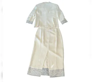 Talbots 100% Silk Cream Skirt Jacket Suit Set Size 8 Petite Lace Trim thumbnail 2