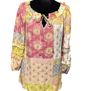 Cato Womens Patchwork Print Ruffle Tie Neck Blouse‎ Pink Yellow Size L thumbnail 2