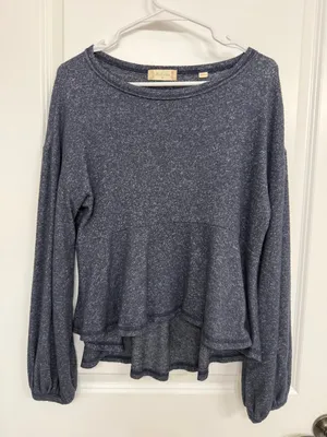 Altar’d State Navy Marled Ruffle Peplum Long Sleeve Top Medium thumbnail 3