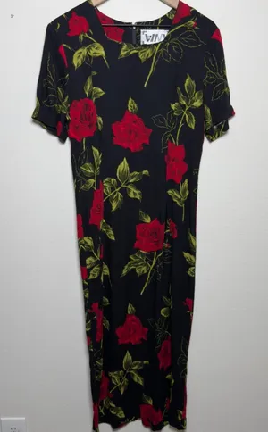 VTG 90s WNY Women Indie Fairy Grunge Maxi‎ Dress Medium Black Roses Short Sleeve thumbnail 1