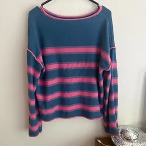Blue and Pink Striped Slouchy Knit Sweater Boat Neck Large thumbnail 3