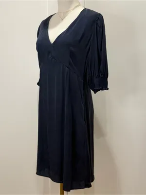 Quince Washable Stretch Silk Puff Sleeve Mini Dress Medium Navy Minimal Fall thumbnail 8