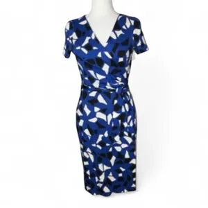 Diane Von Furstenberg Blue Mini Wrap Dress Womens 4 Cotton Silk Geometric Print thumbnail 2