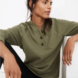 Madewell Women’s MWL Textured Waffle V-Neck Henley Sweatshirt in Faded Palm M thumbnail 1
